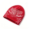 Detailed view of red hip-hop beanie with white Gods Grace jacquard patterns - Short Jacquard / Bright Red