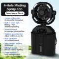 Portable outdoor camping misting fan with USB rechargeable battery, LED light and auto oscillation. - Tech Black