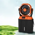 Portable outdoor camping spray fan, energetic orange, battery powered cooling fan with water tank. - Vitality Orange