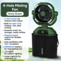 Portable outdoor camping fan with spray cooling, USB rechargeable and long battery life. - Army Green