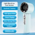 Handheld portable mini fan with 100 speeds, digital display, and rechargeable 3000mAh battery. - Light Blue
