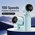 Ventilateur à main portable avec 100 vitesses, affichage numérique et design pliable pour l'été. - F33 bleu clair (réglage progressif à 100 vitesses et tour de cou pliable)