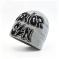 Grey knitted beanie hat with black SENIOR SZN jacquard lettering for street style. - Letter Jacquard Style / Light Gray