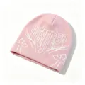 Pink streetwear hip-hop knit beanie with white God's grace jacquard and cross design. - Short Jacquard / Pink