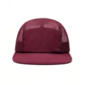 Detail of breathable maroon 5-panel mesh trucker hat for outdoor sports and camping - Burgundy