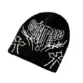 Hip-hop streetwear beanie with knitted jacquard letters and pixelated cross patterns - Short Jacquard / Black
