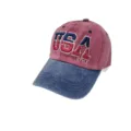 Close-up detail of 3D embroidered USA letters on washed red and blue baseball cap. - 55-60cm / Red Blue Patchwork