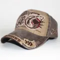 Vintage gewaschene Baseballkappe mit Hai-Stickerei und Distressed-Patches für Damen und Herren - Kaffeebraun