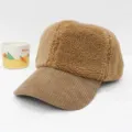 Detailed side view showing soft lamb wool and corduroy texture of winter baseball cap - Adult (55-60cm) / Two-Tone Khaki