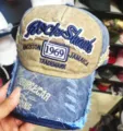Vintage-Baseballkappe aus Baumwolle mit Rock Shark-Stickerei, Khaki und Denim-Blau - Erwachsene (55-60cm) / 1969 Marine und Khaki