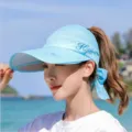 Blauer Damen Sonnenhut mit großem Schirm für UV-Schutz im Sommer mit Pferdeschwanz - Einheitsgröße(Einstellbar) / Hellblauer Zirkon
