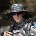 Detailed close-up of a men's camouflage wide brim sun hat for outdoor hiking and fishing - M (56-58cm) / Camo Green