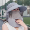 Sombrero de sol gris con protección UV para mujer con máscara y protector de cuello - Ajustable / Gris