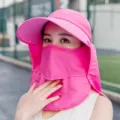 Sombrero de sol anti-UV para mujer con máscara y protector de nuca rosa para actividades - Ajustable / Rosa rojo