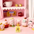 Cute pink PVC pig figurines in funny poses for creative home office desktop decoration - Stay Up Late Lucky Pig Series (Full Box of 6) / Set of 6
