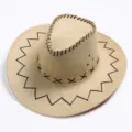 Cappello da cowboy marrone in finta pelle scamosciata con cuciture nere decorative. - Beige