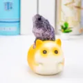 Cute yellow cat figurine with natural amethyst cluster for desk or car decoration - Rocking Orange Cat (1244-1) / With Amethyst / Yellow