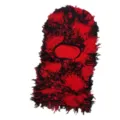 Rote und schwarze Balaclava-Maske aus Zottelstrick mit Fransen-Detail und einer Öffnung - Einheitsgröße / Distressed Strickstil / Rot und Schwarz