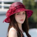 Elegant burgundy organza sun hat for women with polka dot patterns and flowers - 56-58cm / Burgundy