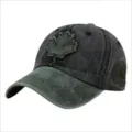 Detailed view of the distressed fabric and maple leaf patch on the baseball cap - Maple Leaf Applique (55-60cm) / Black + Green Brim