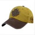 Close-up of vintage distressed baseball cap with maple leaf patch and Canada logo - Maple Leaf Applique (55-60cm) / Yellow + Coffee Brim