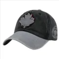 Close-up of distressed washed cotton baseball cap with maple leaf patch and Canada embroidery - Maple Leaf Applique (55-60cm) / Black + Light Gray Brim