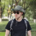 Military green outdoor wide brim sun hat with adjustable strap for hiking and fishing - M (56-58cm) / Mesh Army Green