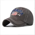 Distressed gewaschene anthrazitfarbene Baseballkappe mit AMERICA-Stickerei und USA-Flagge - Reguläre Passform / Kaffeebraun