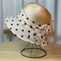Elegant women's fascinator sun hat with black polka dots and large flower accent in beige - 56-58cm / Khaki