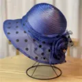 Elegant women's blue organza sun hat with black polka dots and large side flower - 56-58cm / Dark Blue
