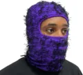 Lila gestrickte Balaclava-Skimaske im Distressed-Look mit schwarzen Fransen-Details - Einheitsgröße / Distressed Strickstil / Lila Schwarz