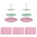 3-stöckige Etagere und rosa rechteckige Tabletts Set für Party-Kuchenpräsentation. - 2 Sets vertikal geriffelte Etagere mit 3 Etagen in dreifarbigem Gold und 3 rosa Spitzentabletts