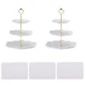 Europaeischer Stil 3-stufiger Obstteller Dessert Kuchenstaender und Tabletts Set Party - Hexagonale Etagere 3-stöckig mit goldenen Stangen (2 Sets) & weiße rechteckige Spitzentabletts (3 Stück)