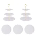 Support à gâteau en plastique à 3 niveaux plateau de fruits pour fête thé de l'après-midi. - 2 lots de supports cœurs à 3 étages avec tiges dorées et 3 plateaux ronds en dentelle blanche