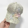 Elegant white lace baseball cap featuring gold sequins and colorful 3D floral accents - One Size (Adjustable) / Beige (Sequin Style)