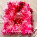 Macro view showing the distressed texture of a pink and red fuzzy knit balaclava - One Size / Pink Camouflage