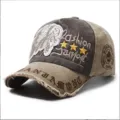 Detailed view of vintage distressed cotton baseball cap with intricate Indian embroidery - One Size(55-60cm) / Khaki