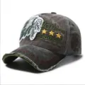Detail view of distressed cotton baseball cap with Indian chief embroidery and stars - One Size(55-60cm) / Army Green