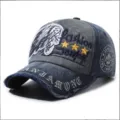 Detailed view of the distressed patchwork baseball cap with Indian chief head embroidery - One Size(55-60cm) / Navy Blue