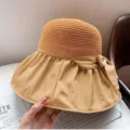 Khaki women's hollow-knit sun hat with large floppy brim and elegant bow detail - M (56-58cm) / Bucket Hat (B-5) / Yellow