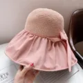 Pink wide brim sun hat with beige woven crown and bow detail - M (56-58cm) / Bucket Hat (B-5) / Pink