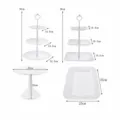 Conjunto de soporte para tartas y bandeja de postres de plástico blanco medidas. - 1 juego de varillas blancas de 3 niveles con relieve redondas + 1 juego de varillas blancas de 3 niveles con relieve cuadradas + 1 soporte alto para tartas + 3 bandejas cuadradas con relieve blancas