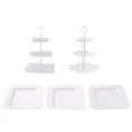 Soporte de postre de plástico de 3 niveles y bandeja de frutas para fiestas y eventos. - 1 juego cuadrado y 1 redondo de soporte 3 niveles blanco y 3 bandejas cuadradas grabadas blancas