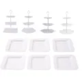 Soporte de postre de plástico de 3 niveles estilo europeo y juego de bandejas - 1 juego de cada varilla blanca de 3 niveles (cuadrada, flor de cerezo, hexagonal y redonda) + 6 bandejas cuadradas con relieve blancas
