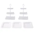 Soporte para postres de plástico blanco de 3 niveles bandeja para frutas estante - 2 juegos de soporte cuadrado 3 niveles blanco y 3 bandejas cuadradas grabadas blancas