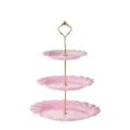 Alzata per torte rosa a 3 livelli con manico dorato, piatto da frutta per festa e tè. - Supporto a goccia a 3 livelli - Asta dorata e rosa