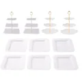 Soporte europeo de 3 niveles para postres frutero estante de exhibición de plástico blanco - 2 juegos de varillas doradas de 3 niveles cuadradas + 2 juegos de varillas doradas de 3 niveles redondas + 6 bandejas cuadradas con relieve blancas