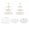Soporte de postre de 3 niveles bandeja de fruta de plástico expositor de pasteles - 2 juegos de varillas doradas de 3 niveles redondas + 1 bandeja cuadrada blanca + 1 bandeja de corazón blanca + 1 bandeja redonda blanca