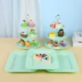 Présentoirs à gâteaux vert menthe et plateaux de service pour décoration de table de fête - Support rond gaufré avec plateau carré gaufré / 2 Présentoirs À Étages Et 3 Plateaux / Vert menthe