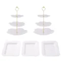 Conjunto de soporte de postres de plástico de 3 niveles y bandeja rectangular blanca - 2 juegos de varillas doradas de 3 niveles flor de cerezo + 3 bandejas cuadradas con relieve blancas